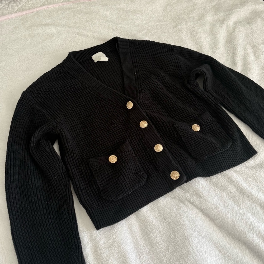 H&M Dark Academia Cotton blend black cardigan with pockets & gold buttons